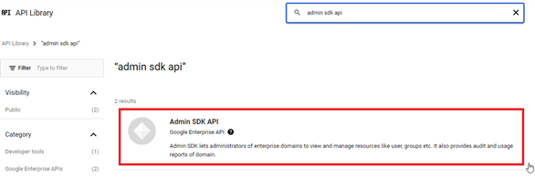 Search results page with Admin SDK API highlighted