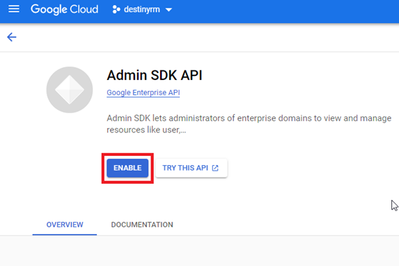 Admin SDK API page with ENABLE highlighted