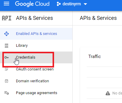 APIs & Services page with Credentials highlighted