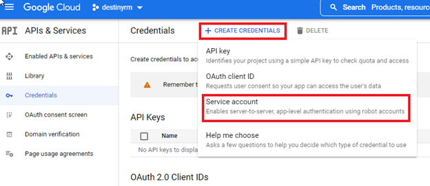 Credentials page with +Create Credentials and Service account highlighted