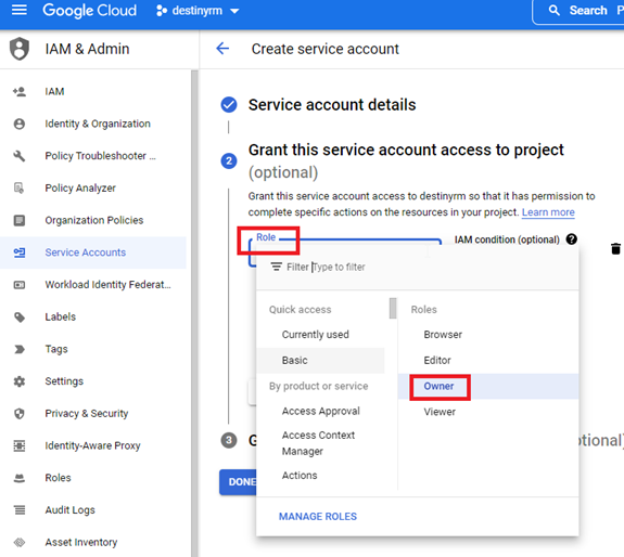 Grant this service account access to the project section with Role drop-down and Owner option highlighted