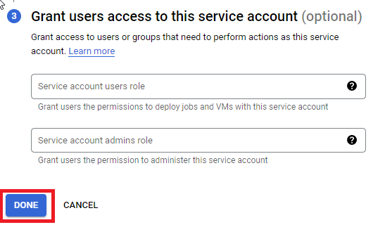 Grant users access to this service account section with DONE highlighted