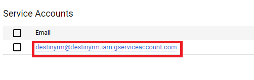 Service Accounts pop-up with destinyrm service account highlighted