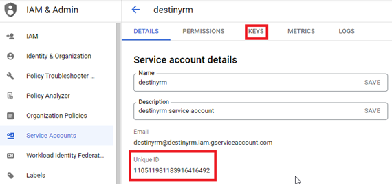 Service Account page Unique ID and Key tab selected