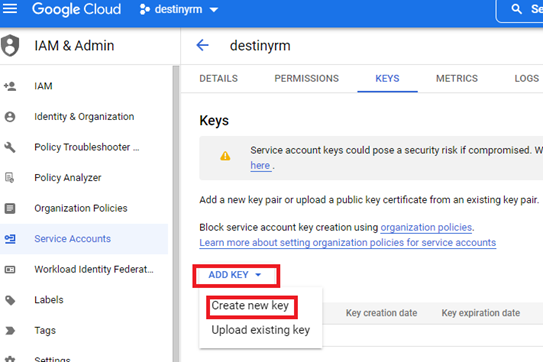 Keys section with the Add Key drop-down and Create new key highlighted