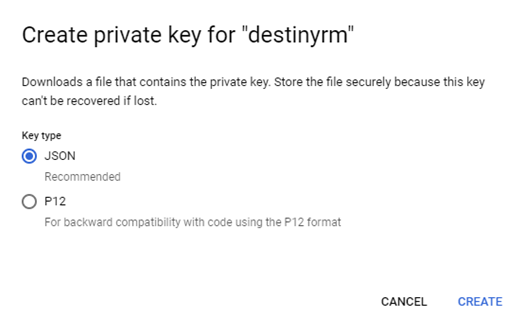 Create a private key for destinyrm pop-up with JSON option selected