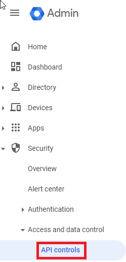 Google Admin Console page with API controls highlighted in the Access and data control drop-down