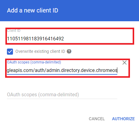 Add a new client ID pop-up with Client ID and OAuth scopes highlighted