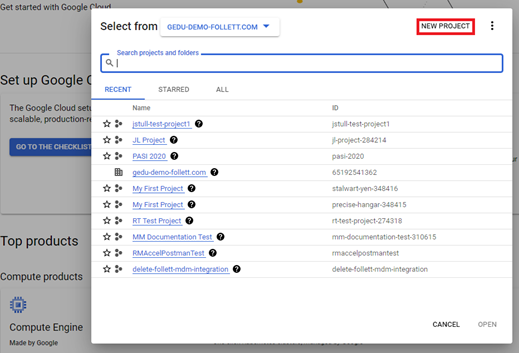 Cloud console main page with NEW PROJECT highlighted